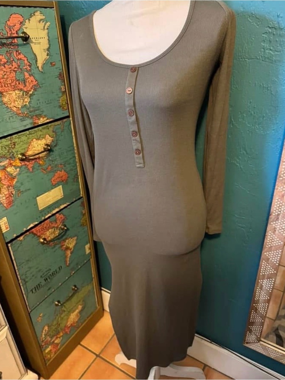 Women’s Olive Long Sleeve Ribbed Bodycon Henley Dress